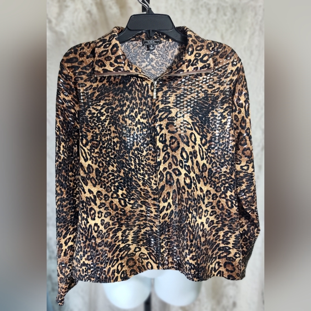 Lisa International Leopard Print Jacket With Clear Shining Accents Nwot